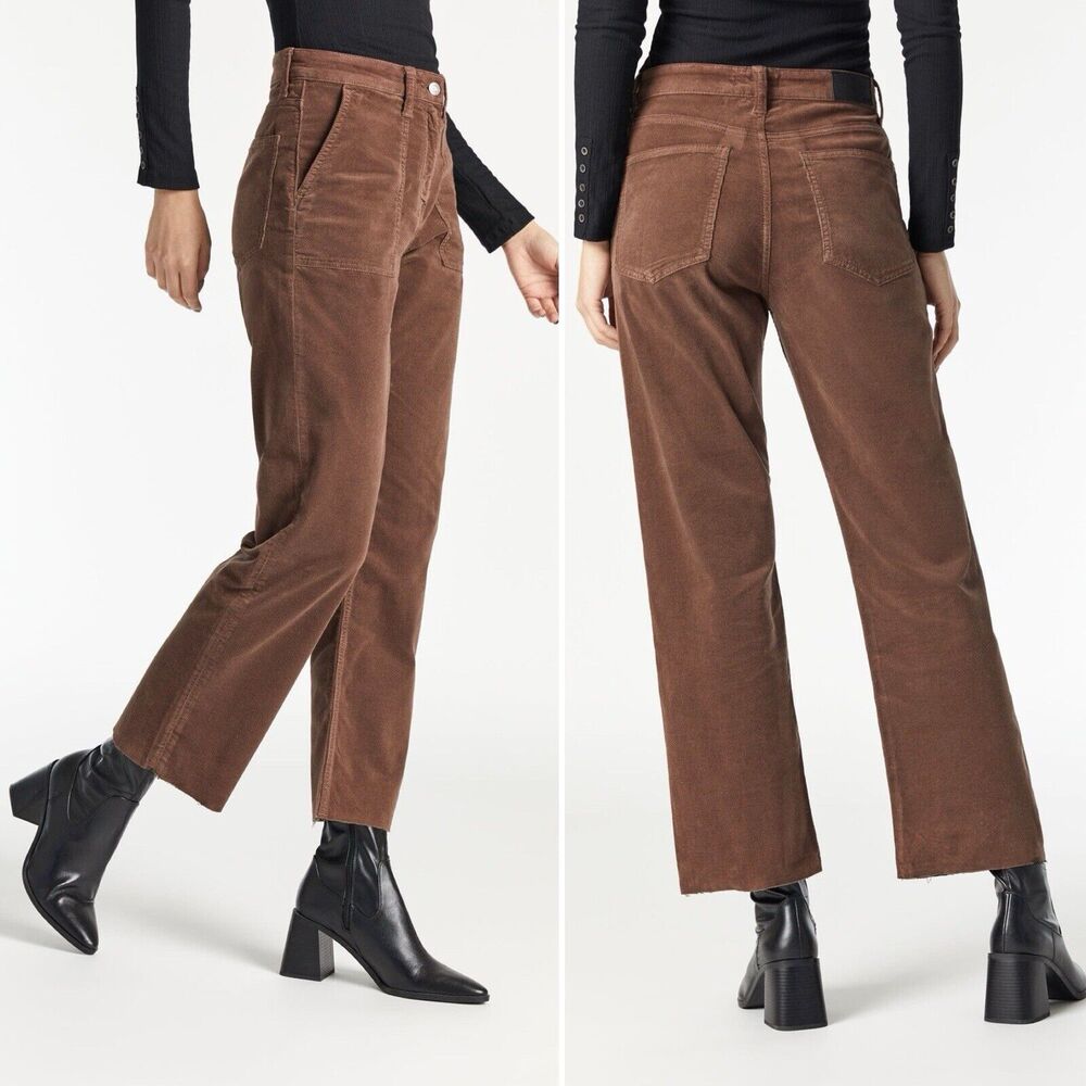 Mavi Corduroy Shelia Straight Leg Raw Hem High Rise Pants Brown 25 - Picture 1 of 12